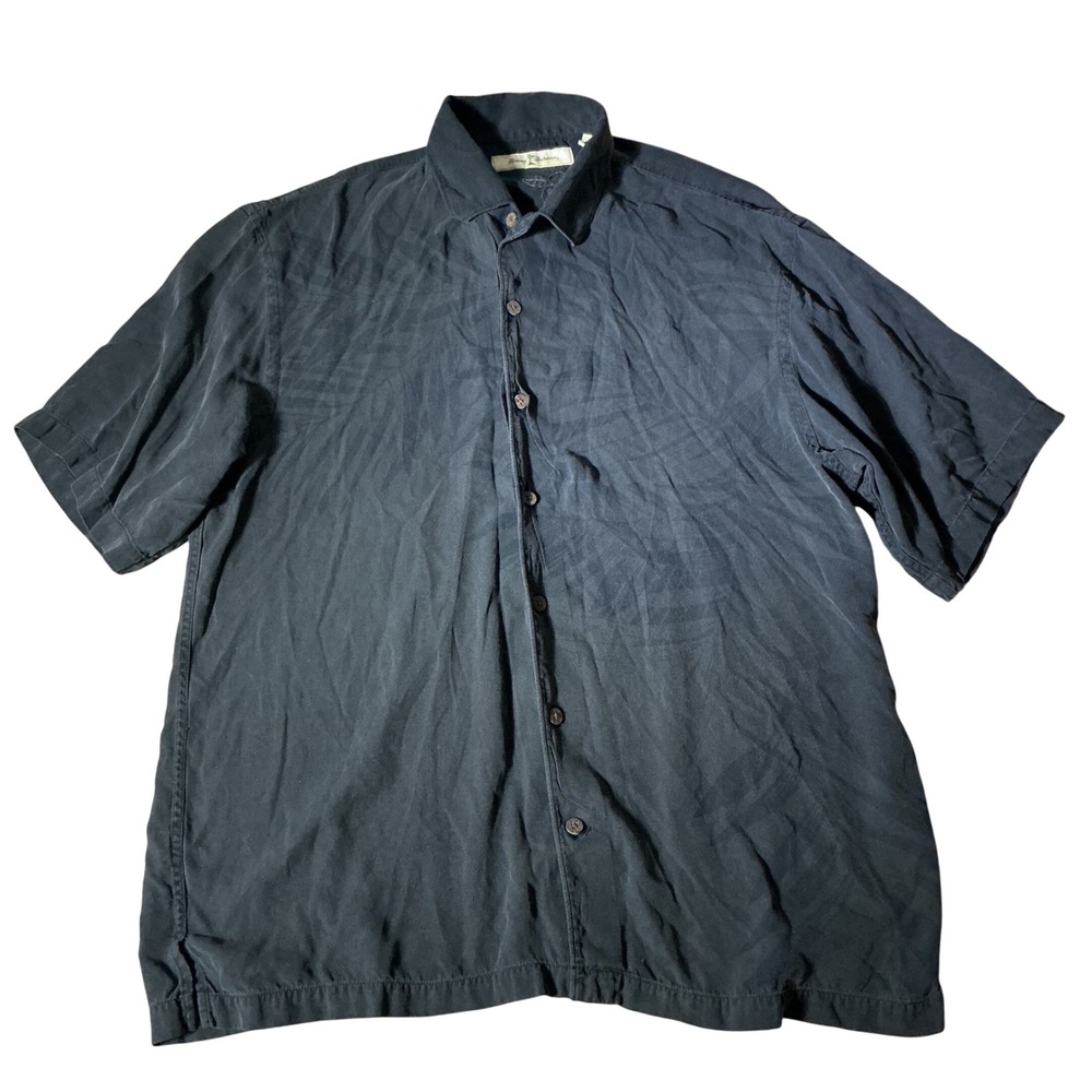 Tommy Bahama Silk Palm Jacquard Button Down Shirt Mens L Black Tropical Camp